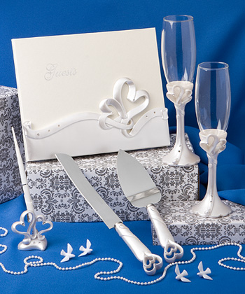 DOUBLE HEART WEDDING SET FLUTES, GUEST BOOK, CAKE KNIFE  